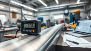 Portable hardness tester pressed against polished steel pipe joint in fabrication workshop, digital display showing QC measurement data