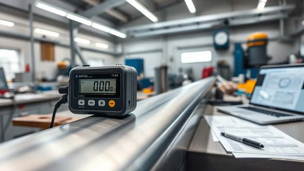 Portable hardness tester pressed against polished steel pipe joint in fabrication workshop, digital display showing QC measurement data