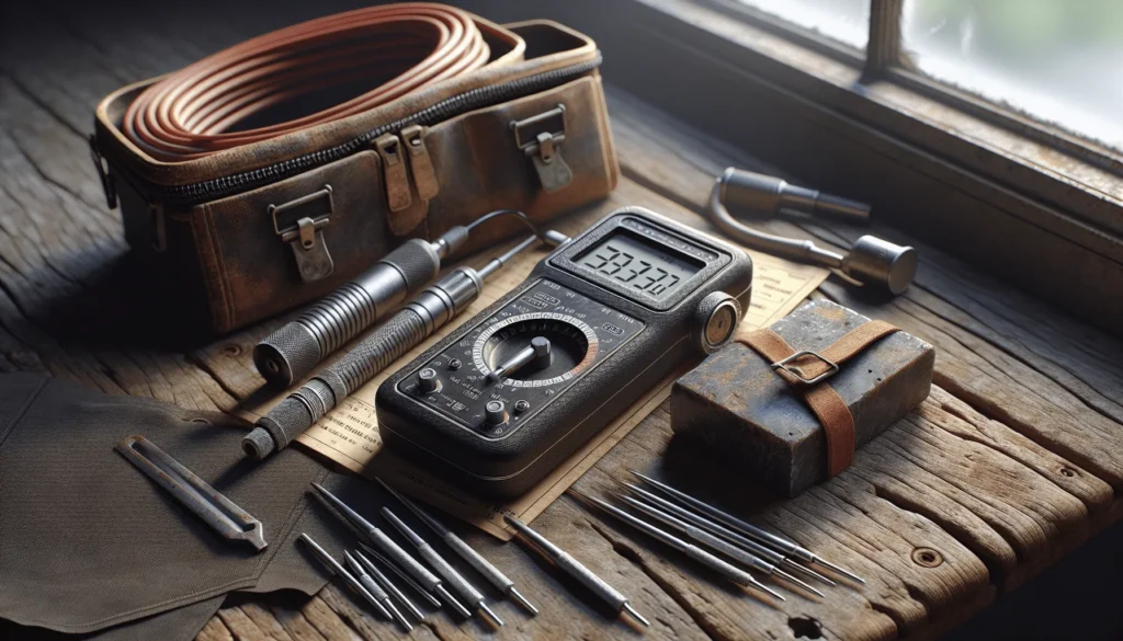 Portable hardness tester on worn wooden workbench with test block and probe tips for inspeksi alat ukur kekerasan.