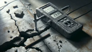 Portable metal hardness tester on cracked concrete fracture surface with rust-stained rebar, highlighting construction material failure root cause analysis.