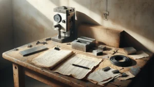 Log sheet and microhardness tester on worn workbench for dokumentasi elektronik data uji kekerasan