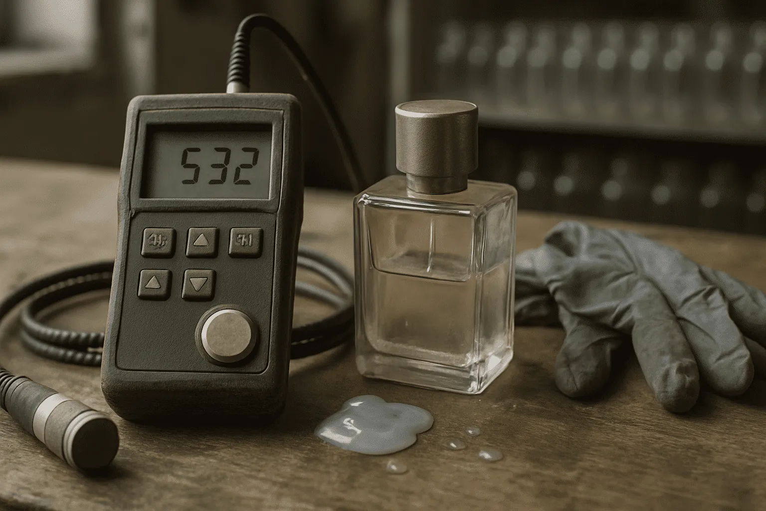Praktisi memilih ultrasonic thickness gauge untuk pabrik parfum di meja kerja kayu dekat botol kaca buram.