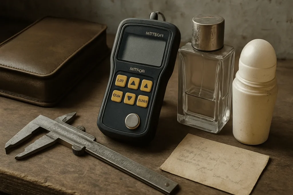 QC technician inspecting perfume and roll-on packaging thickness with ultrasonic gauge and caliper on weathered workbench