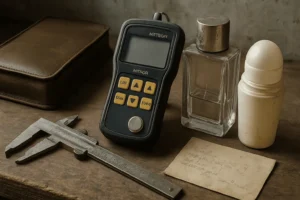 QC technician inspecting perfume and roll-on packaging thickness with ultrasonic gauge and caliper on weathered workbench