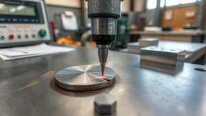 Portable hardness tester probe pressed against steel weld seam with digital display showing values in industrial workshop