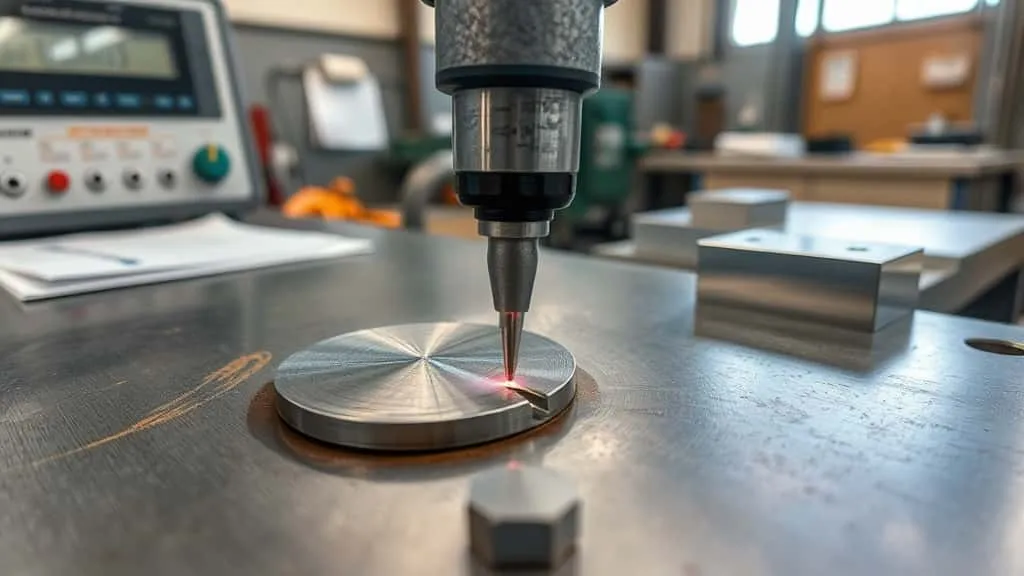 Portable hardness tester probe pressed against steel weld seam with digital display showing values in industrial workshop