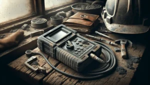 Portable hardness tester resting on a workshop bench with worn field notebook and hard hat, illustrating durability standards for K3 and environmental audit tool selection.