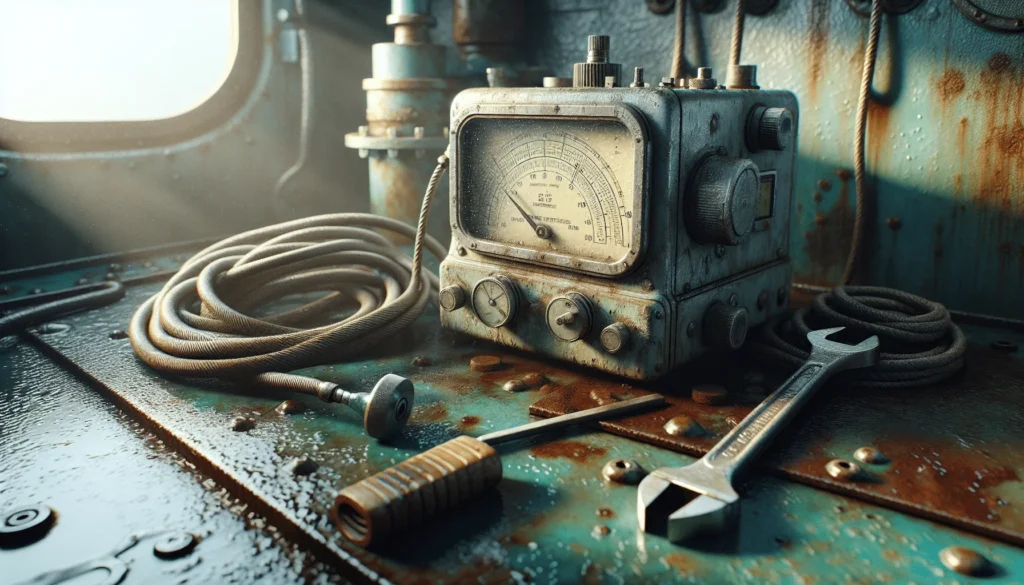 Worn handheld hardness tester on corroded steel beam in dim engine room, condensation on display, with rust-stained marine equipment