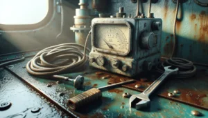Worn handheld hardness tester on corroded steel beam in dim engine room, condensation on display, with rust-stained marine equipment