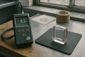 Metode nondestruktif dan potong sampel untuk QC ketebalan parfum dengan alat ultrasonic thickness gauge dan sampel botol terpotong di laboratorium industri.