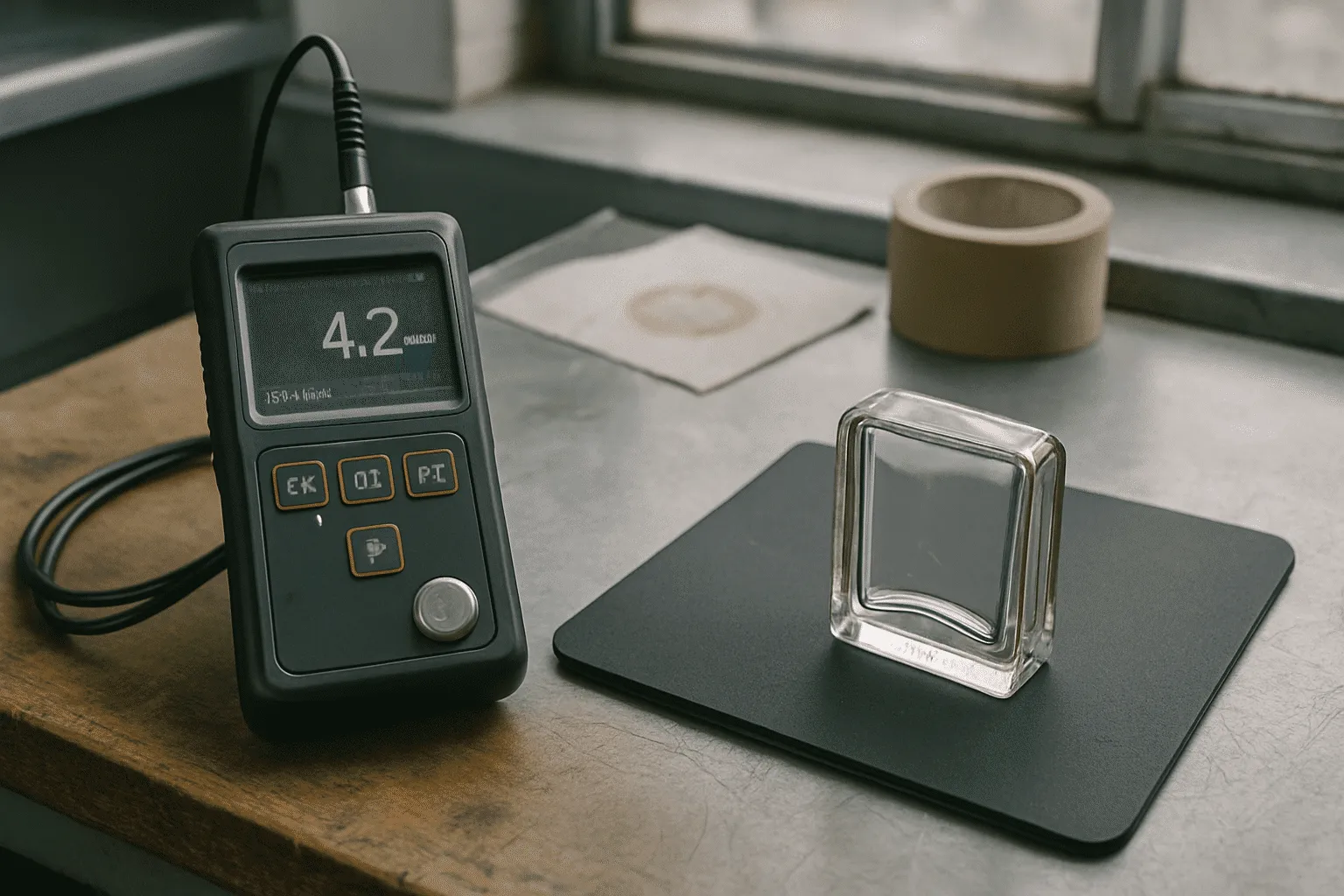 Metode nondestruktif dan potong sampel untuk QC ketebalan parfum dengan alat ultrasonic thickness gauge dan sampel botol terpotong di laboratorium industri.