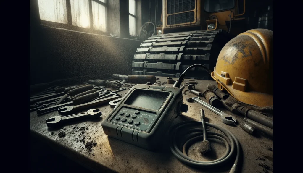 Olive-green MH600 vibration analyzer on a worn workbench beside greased wrenches, with a dusty bulldozer undercarriage in the background, illustrating preventive maintenance tools for heavy equipment.