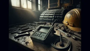 Olive-green MH600 vibration analyzer on a worn workbench beside greased wrenches, with a dusty bulldozer undercarriage in the background, illustrating preventive maintenance tools for heavy equipment.