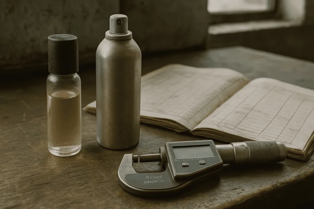 Sampling process for roll-on and body mist thickness measurement using worn micrometer on factory workbench.
