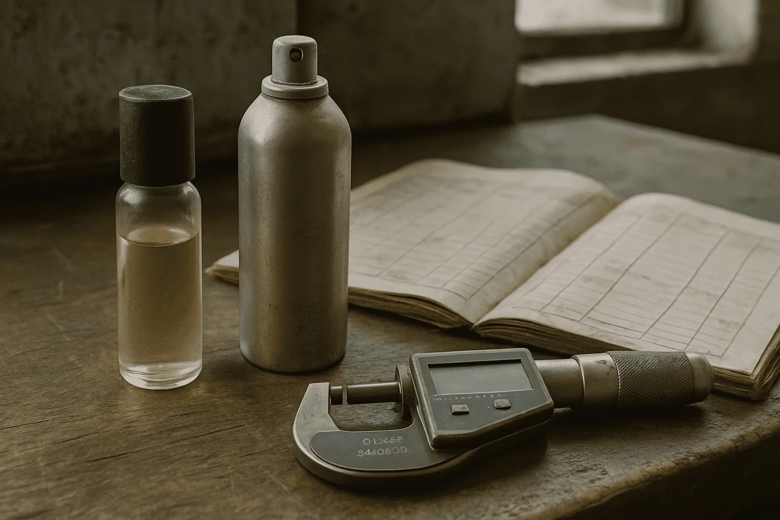 Sampling process for roll-on and body mist thickness measurement using worn micrometer on factory workbench.