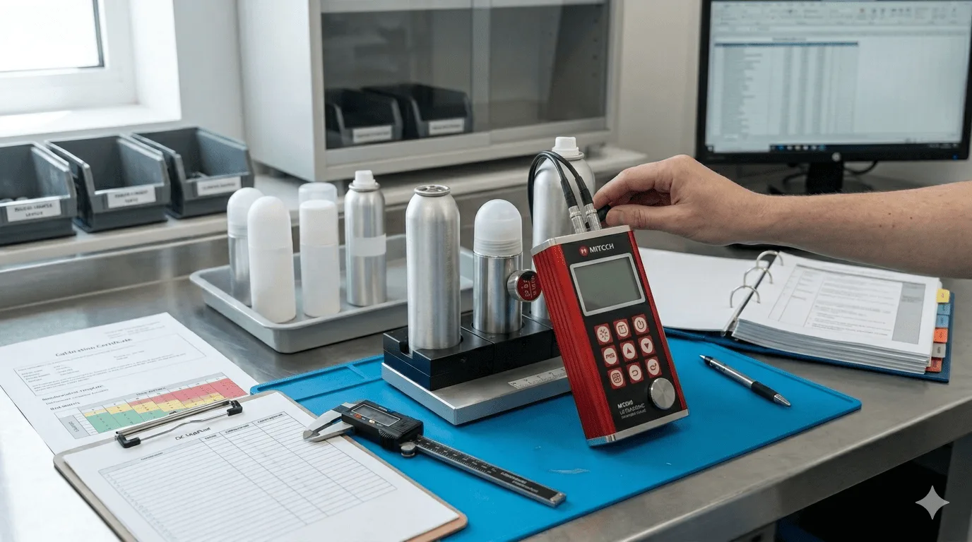 Sampling process for roll-on and body mist thickness measurement using worn micrometer on factory workbench.