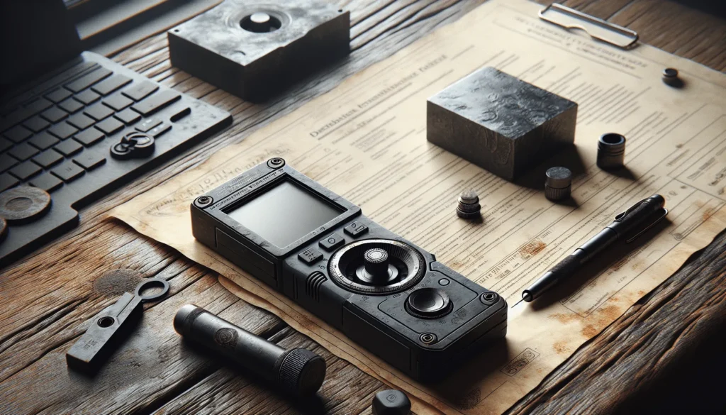 Portable hardness tester with scuffed contact tip on wooden desk, open calibration certificate, and scratched test block representing ISO 9001 validation process