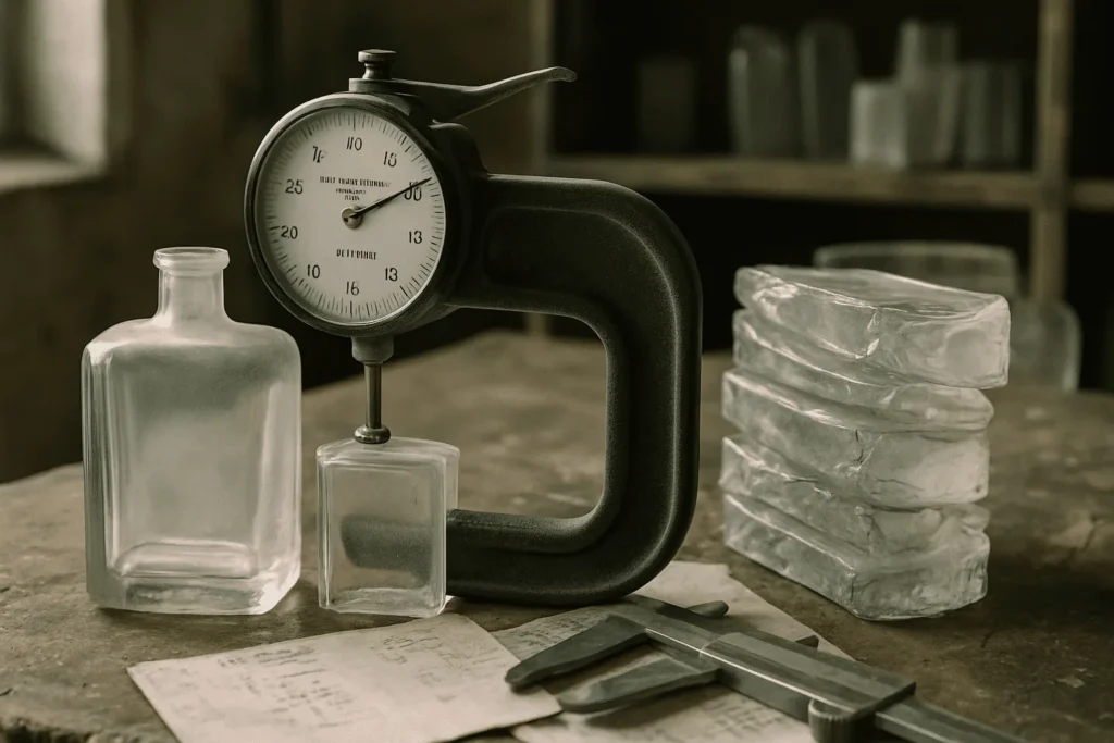 Ketebalan botol kaca diukur dengan alat thickness gauge pada meja kerja kayu, menunjukkan proses quality control untuk kualitas parfum.