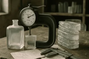 Ketebalan botol kaca diukur dengan alat thickness gauge pada meja kerja kayu, menunjukkan proses quality control untuk kualitas parfum.