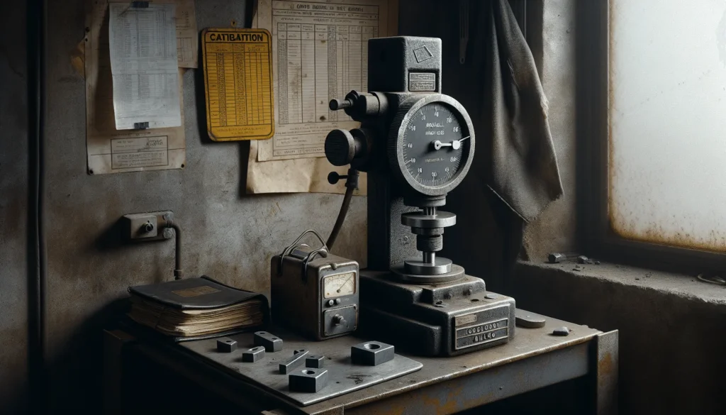 Rockwell hardness tester with test specimen in vice, technical binder and calibration certificate on workshop bench, supporting SNI material testing for ISO 45001 audit success.