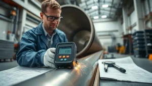 Teknisi menguji kekerasan las pada pipa industri besar menggunakan portable hardness tester setelah PWHT, dengan alat inspeksi dan cetak biru di sekitar.