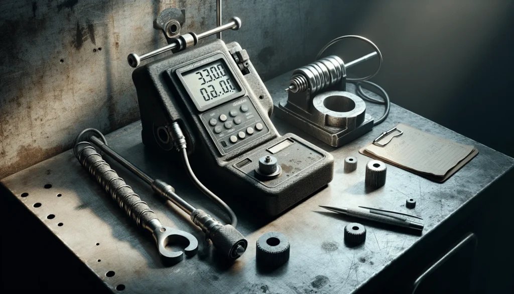 Calibration bench with portable hardness tester on metal reference block and weathered clipboard in metrology workshop