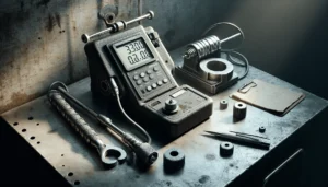 Calibration bench with portable hardness tester on metal reference block and weathered clipboard in metrology workshop