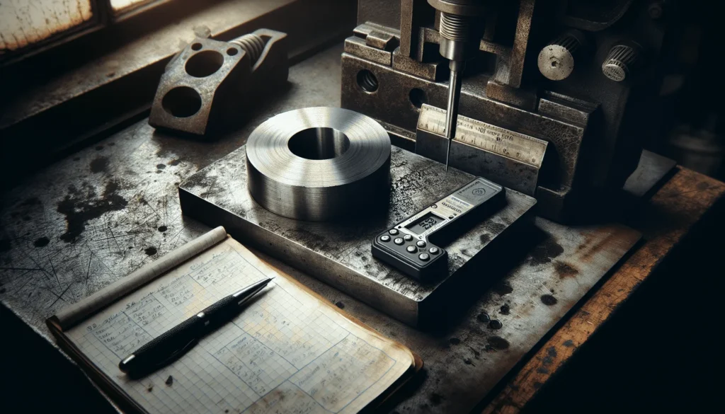 Worn steel surface with indentation from hardness testing and portable Leeb tester on scratched metal plate in workshop documenting protokol pengujian kekerasan baja.