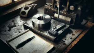 Worn steel surface with indentation from hardness testing and portable Leeb tester on scratched metal plate in workshop documenting protokol pengujian kekerasan baja.