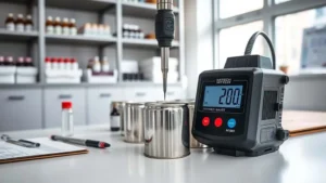 Digital thickness gauge measuring metal cosmetic can wall in quality control lab with clipboard and calibration certificate nearby