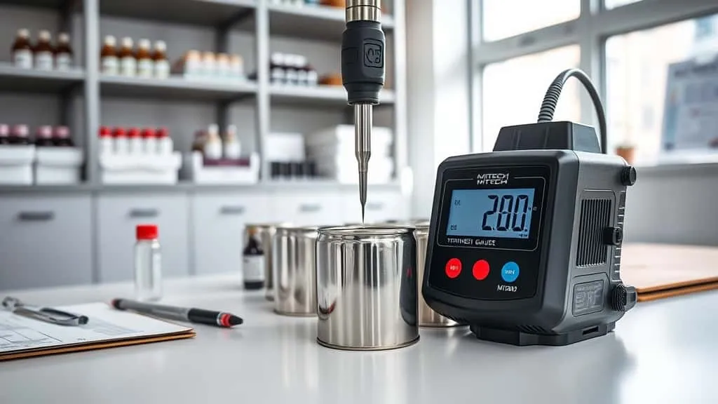 Digital thickness gauge measuring metal cosmetic can wall in quality control lab with clipboard and calibration certificate nearby