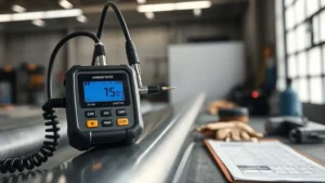 Portable hardness tester probe contacting a metal pipe, digital display showing a measurement reading in an industrial workspace with a calibration block and clipboard nearby