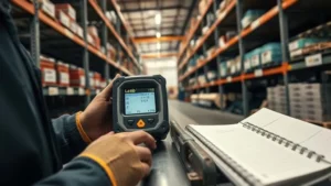 Operator using a portable Leeb hardness tester on a metal pipe for material verification and mix-up detection in a chemical project warehouse.