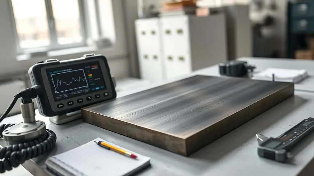 Deteksi cacat baja menggunakan ultrasonic flaw detector standar industri pada material logam.