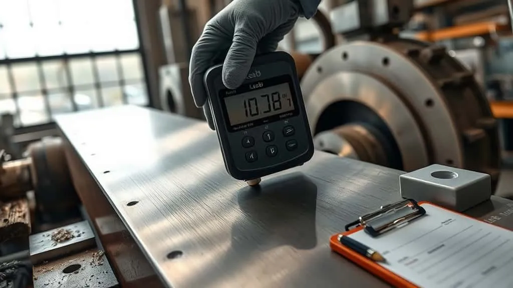 Leeb hardness tester pressed against brushed steel surface in workshop, highlighting factors causing inconsistent hardness test results.
