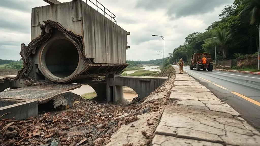Weathered partially collapsed concrete bridge with exposed rusted rebar and cracked asphalt, muddy debris surrounding damaged infrastructure, lone worker inspecting structural damage, alternative unpaved road for logistics in Palu.