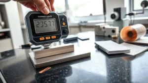 Technician calibrating a digital thickness gauge on a granite surface plate with precision gauge blocks nearby, illustrating measurement tools for consistent results.