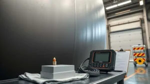 Teknisi melakukan uji ketebalan tangki penyimpanan industri menggunakan alat ultrasonic thickness gauge sesuai standar API 653.