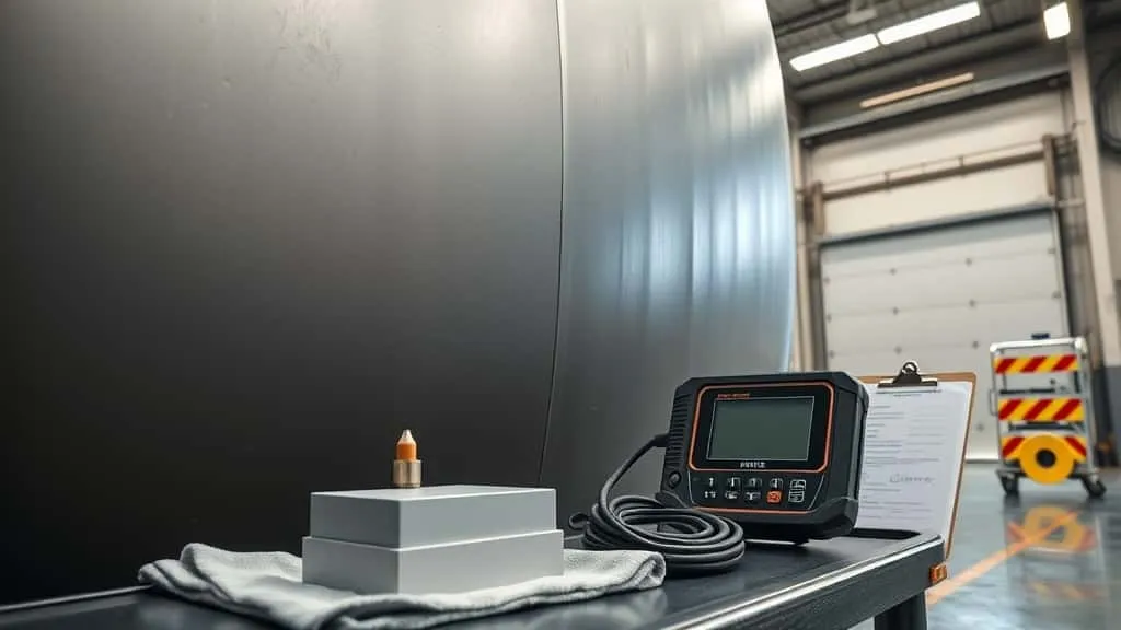 Teknisi melakukan uji ketebalan tangki penyimpanan industri menggunakan alat ultrasonic thickness gauge sesuai standar API 653.