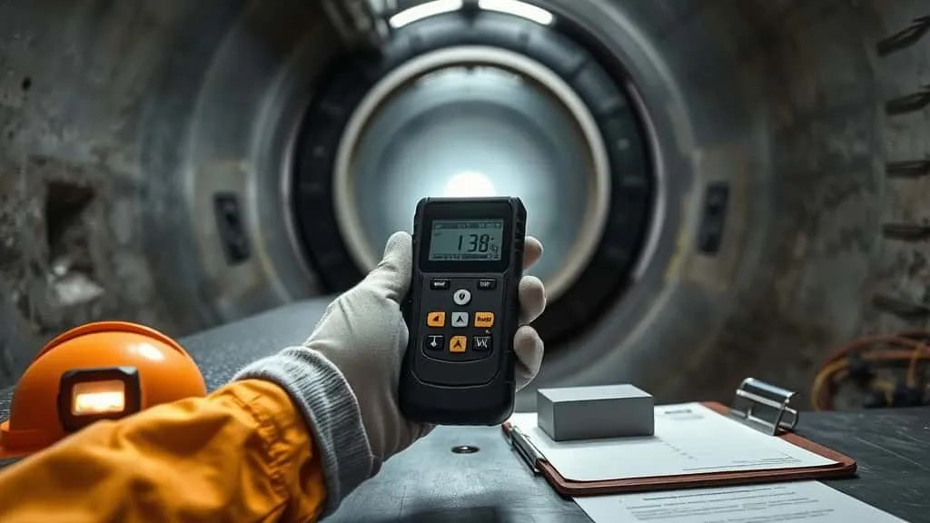 Teknisi menggunakan hardness tester portabel untuk inspeksi confined space saat turnaround kilang minyak.
