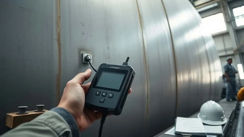 Teknisi melakukan pengukuran ketebalan dinding tangki menggunakan thickness gauge digital untuk sertifikasi migas.