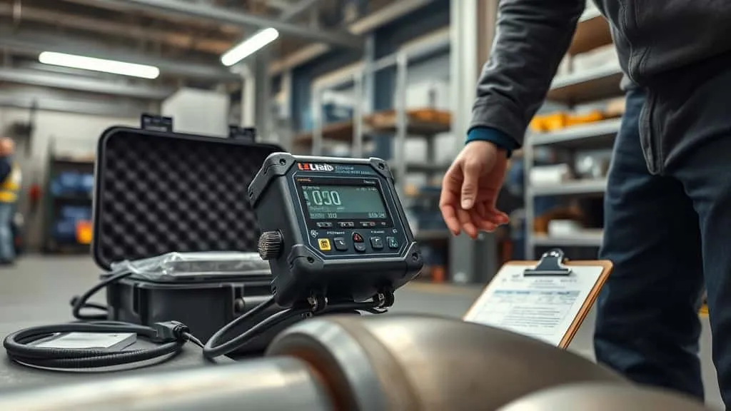 Portable Leeb hardness tester on metal pipe for chemical and oil & gas project inspection in clean industrial workshop.