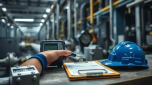 Uji kekerasan portabel dengan Leeb hardness tester pada pipa logam di fasilitas kimia dan migas industri.
