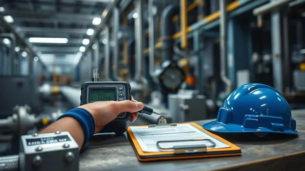 Uji kekerasan portabel dengan Leeb hardness tester pada pipa logam di fasilitas kimia dan migas industri.