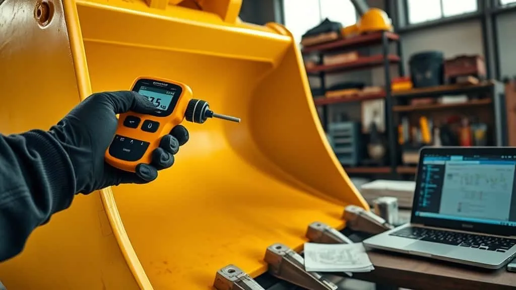 Teknisi mengukur ketebalan bucket dan boom excavator menggunakan alat ultrasonic thickness gauge untuk inspeksi struktur alat berat.