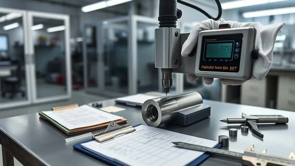 Technician adjusting Rockwell hardness tester indenter on polished metal pipe sample in materials lab for chemical piping quality testing