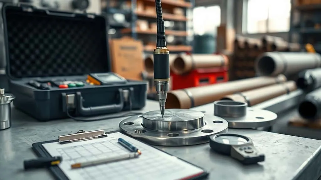 Portable hardness testing device checking pipe flange surface in industrial workshop with test data sheets and calibration tools nearby.