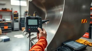 Teknisi menggunakan alat ukur ketebalan ultrasonic untuk memeriksa ketebalan logam pada bucket ekskavator dalam perawatan alat berat.