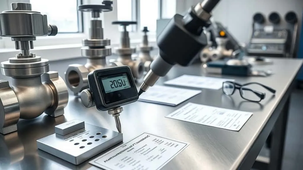 Digital hardness tester measuring metal valve surface in QC lab, with industrial fittings and test equipment on stainless steel workbench