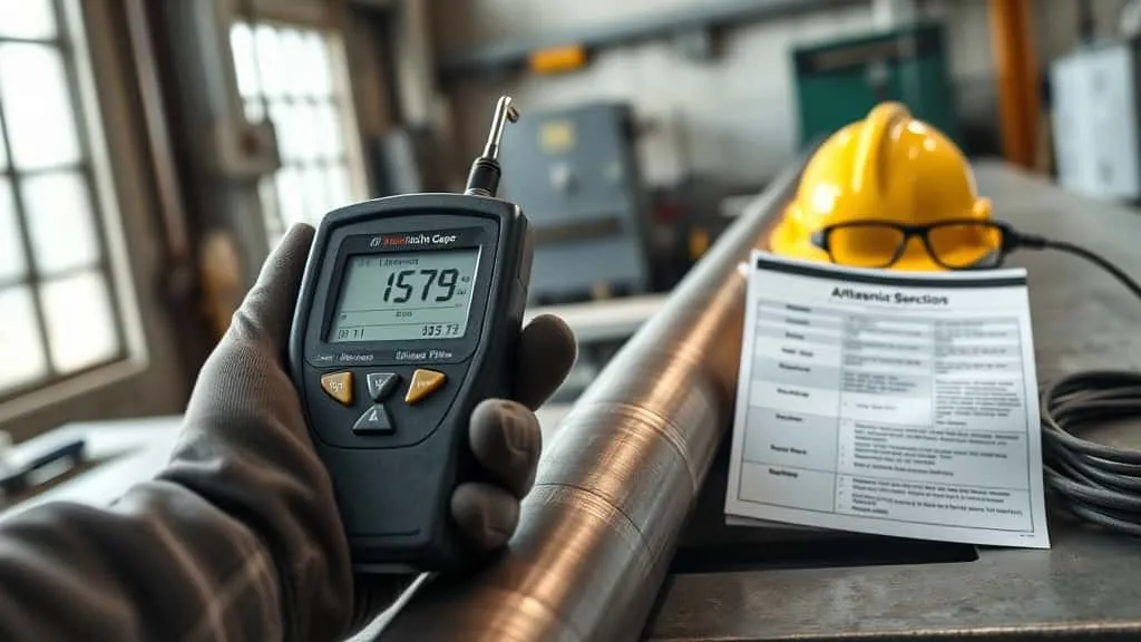 Inspektor mengukur ketebalan dinding pipa migas dengan alat ultrasonic thickness gauge sesuai standar API 570 dan ASTM E797.